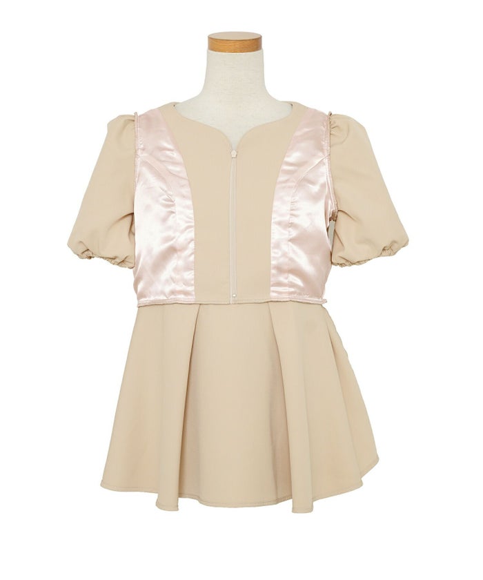 レディース/トップス/ブラウス/フロントファスナー/ハートネック/半袖/袖ゴム/ペプラムシルエット/パネルライン/体型カバー/袖口ゴム/授乳/ママ/フレアシルエット/イエロー/バターイエロー/ピンクベージュ/ブラック/上品/エレガント/フェミニン/シンプル/