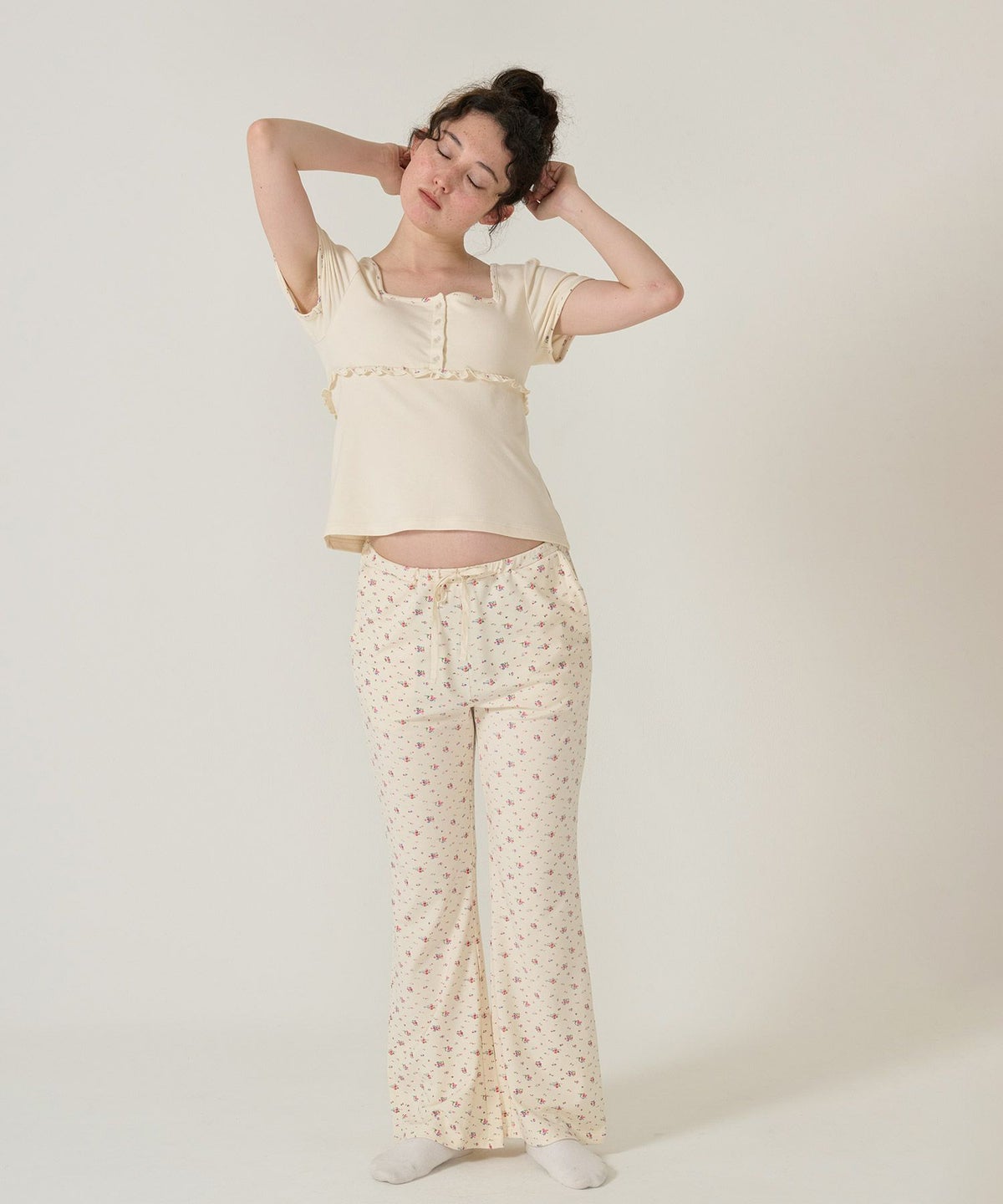 パンツ/フレア/花柄/アイボリー