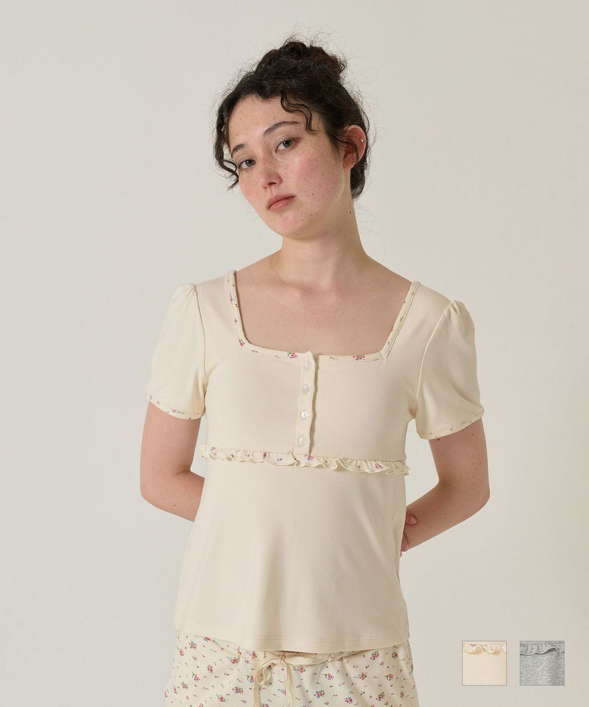 トップス/パッド付/半袖/花柄/アイボリー