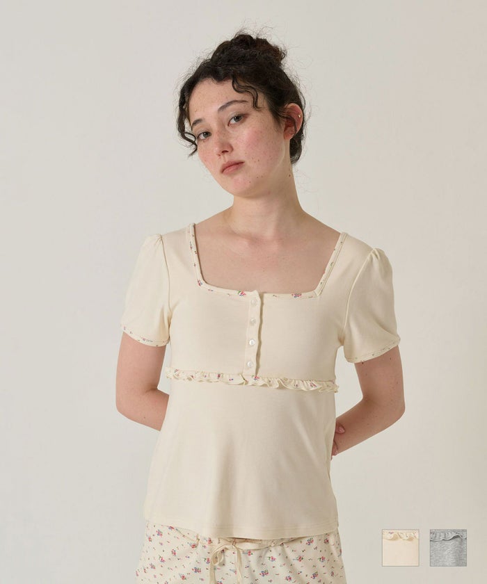 トップス/パッド付/半袖/花柄/アイボリー