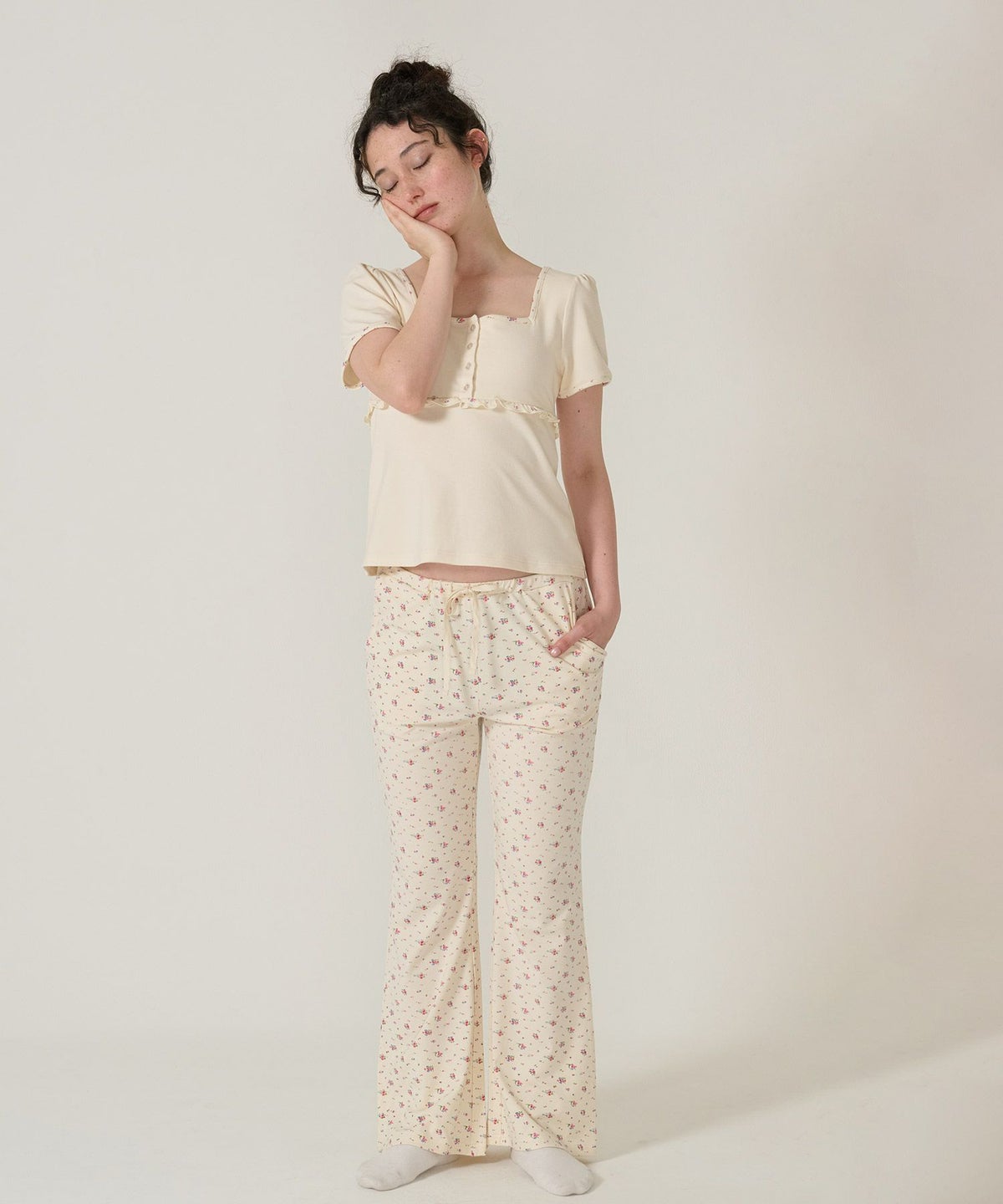 トップス/パッド付/半袖/花柄/アイボリー