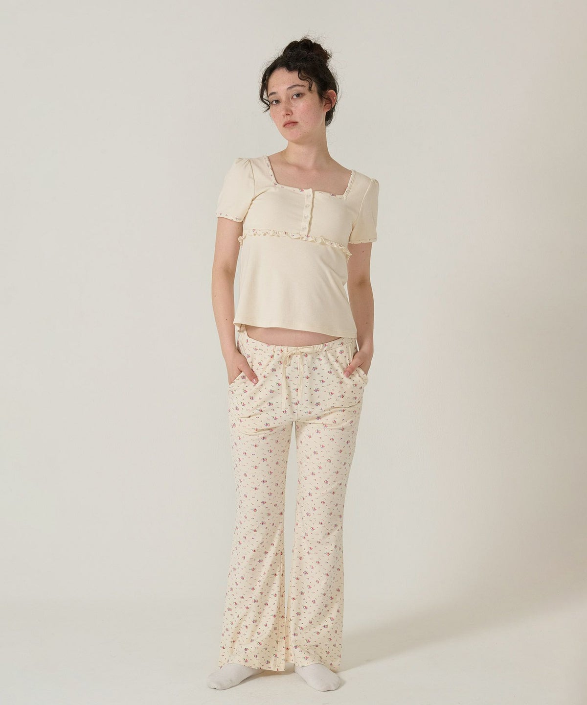 トップス/パッド付/半袖/花柄/アイボリー