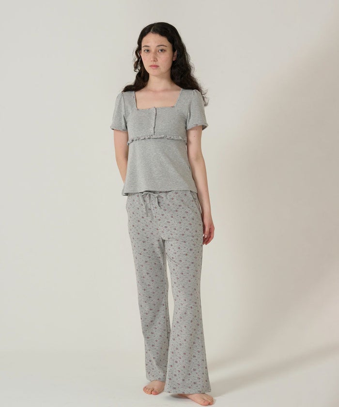 トップス/パッド付/半袖/花柄/グレー