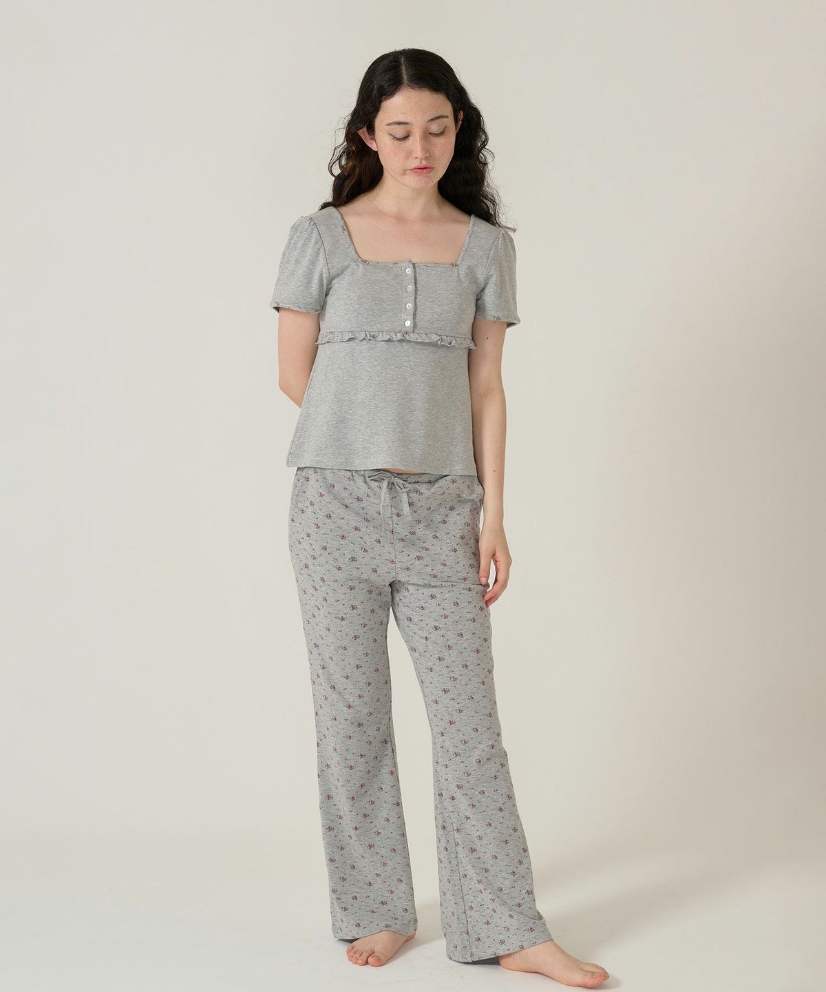 トップス/パッド付/半袖/花柄/グレー