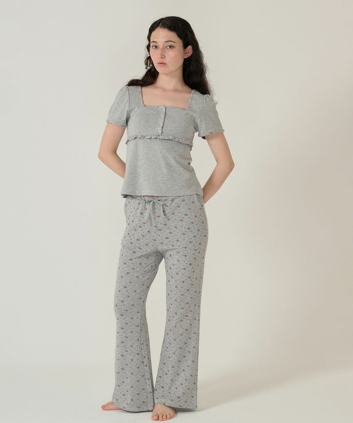 トップス/パッド付/半袖/花柄/グレー