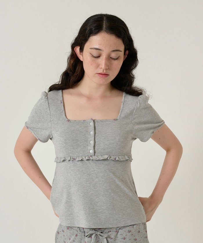 トップス/パッド付/半袖/花柄/グレー