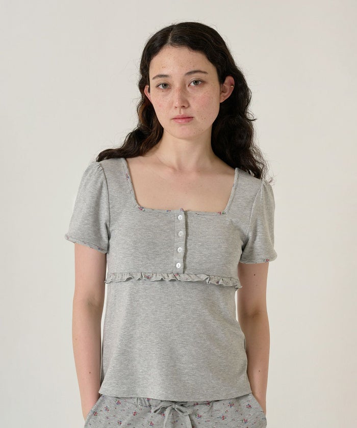 トップス/パッド付/半袖/花柄/グレー