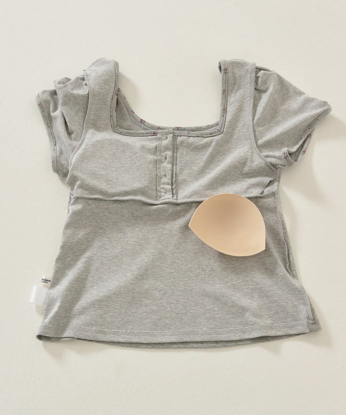 トップス/パッド付/半袖/花柄/グレー