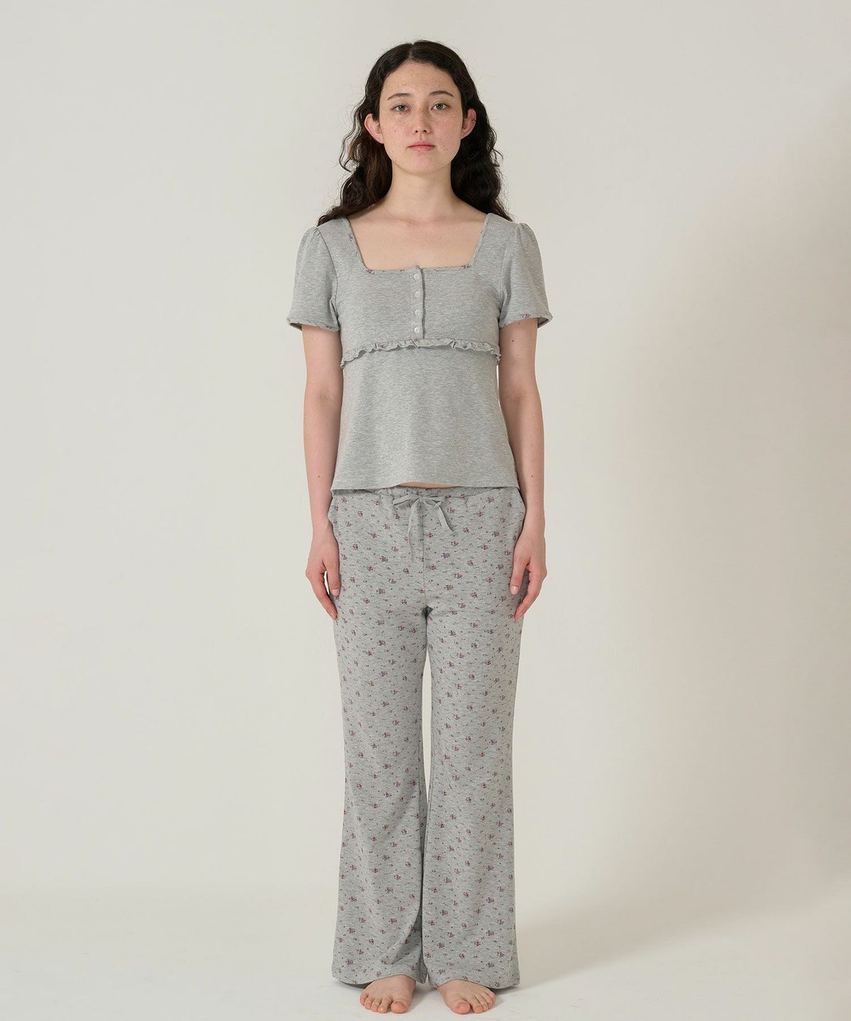 トップス/パッド付/半袖/花柄/グレー