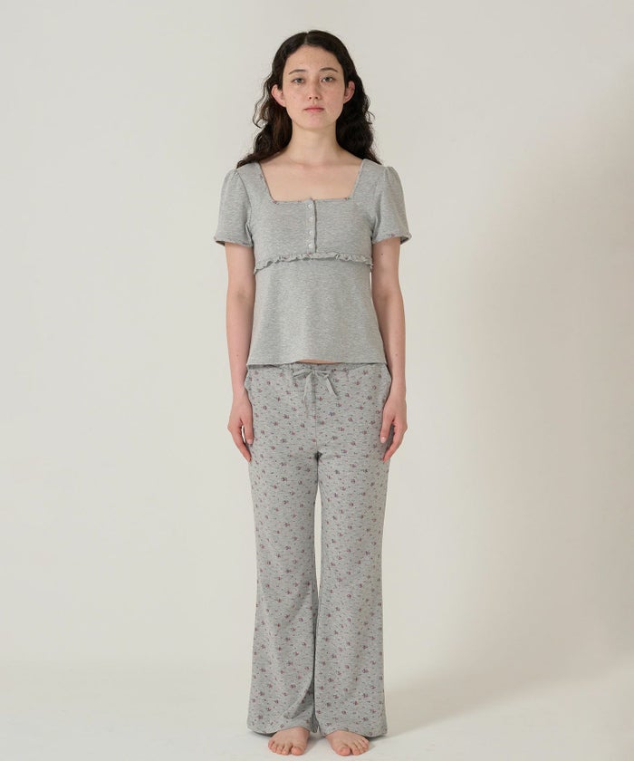 トップス/パッド付/半袖/花柄/グレー