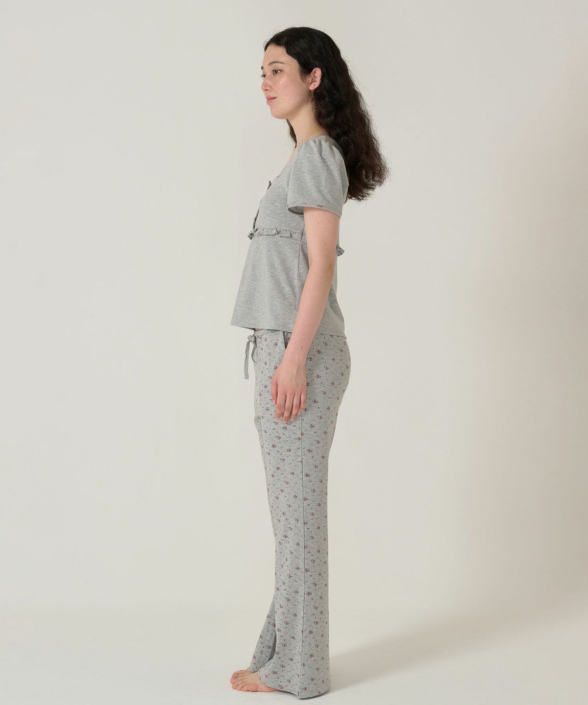 トップス/パッド付/半袖/花柄/グレー