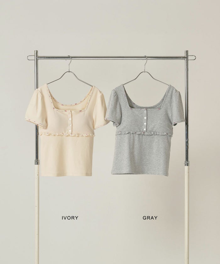 トップス/パッド付/半袖/花柄/アイボリー/グレー