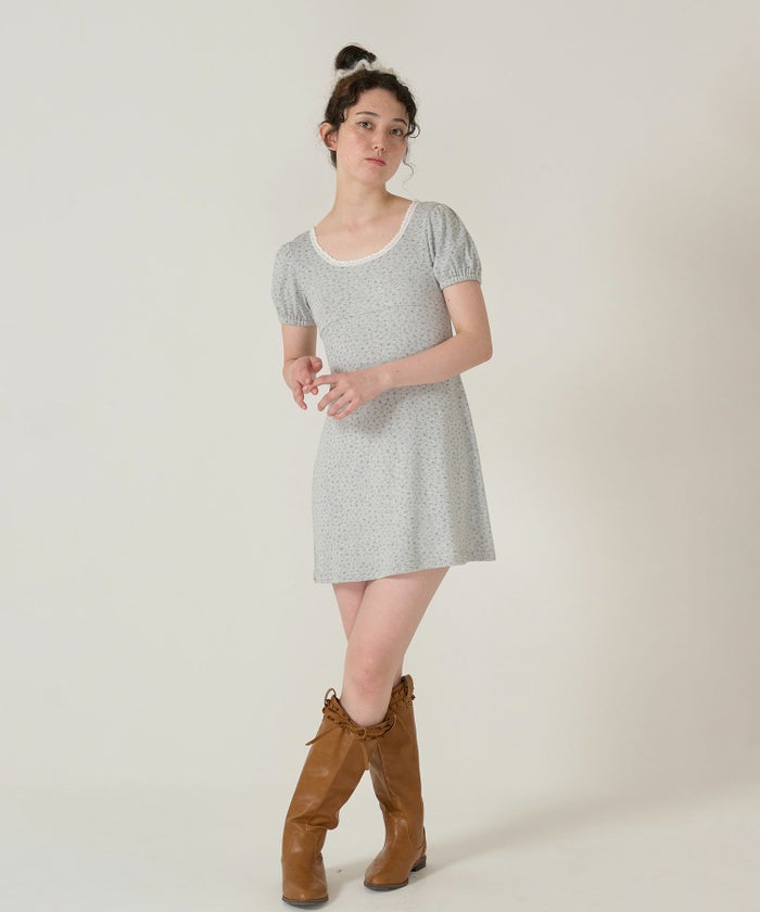 ワンピース/花柄/半袖/グレー