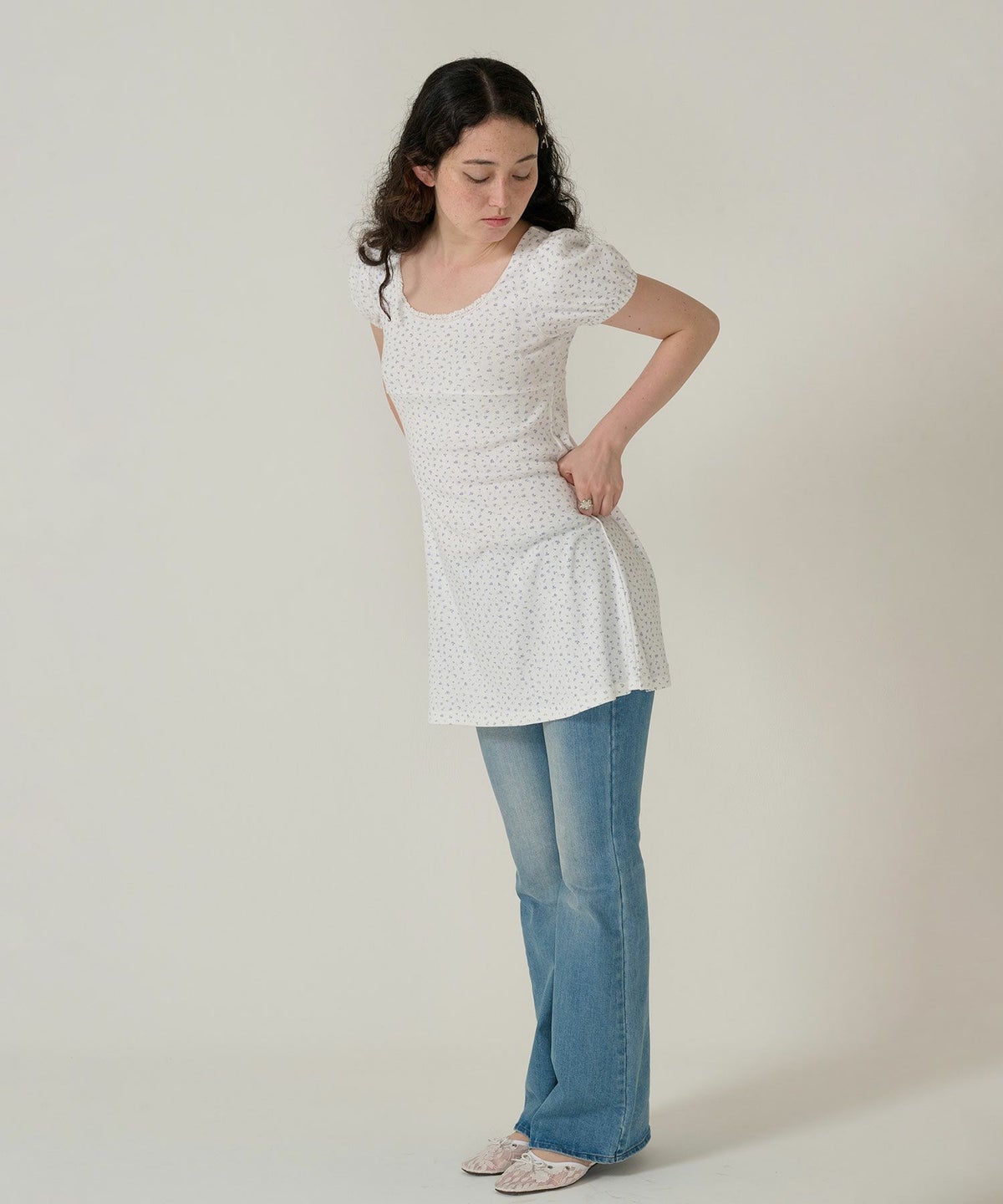 ワンピース/花柄/半袖/ホワイト