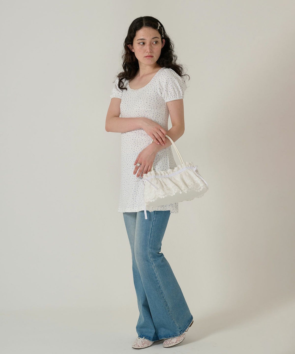 ワンピース/花柄/半袖/ホワイト