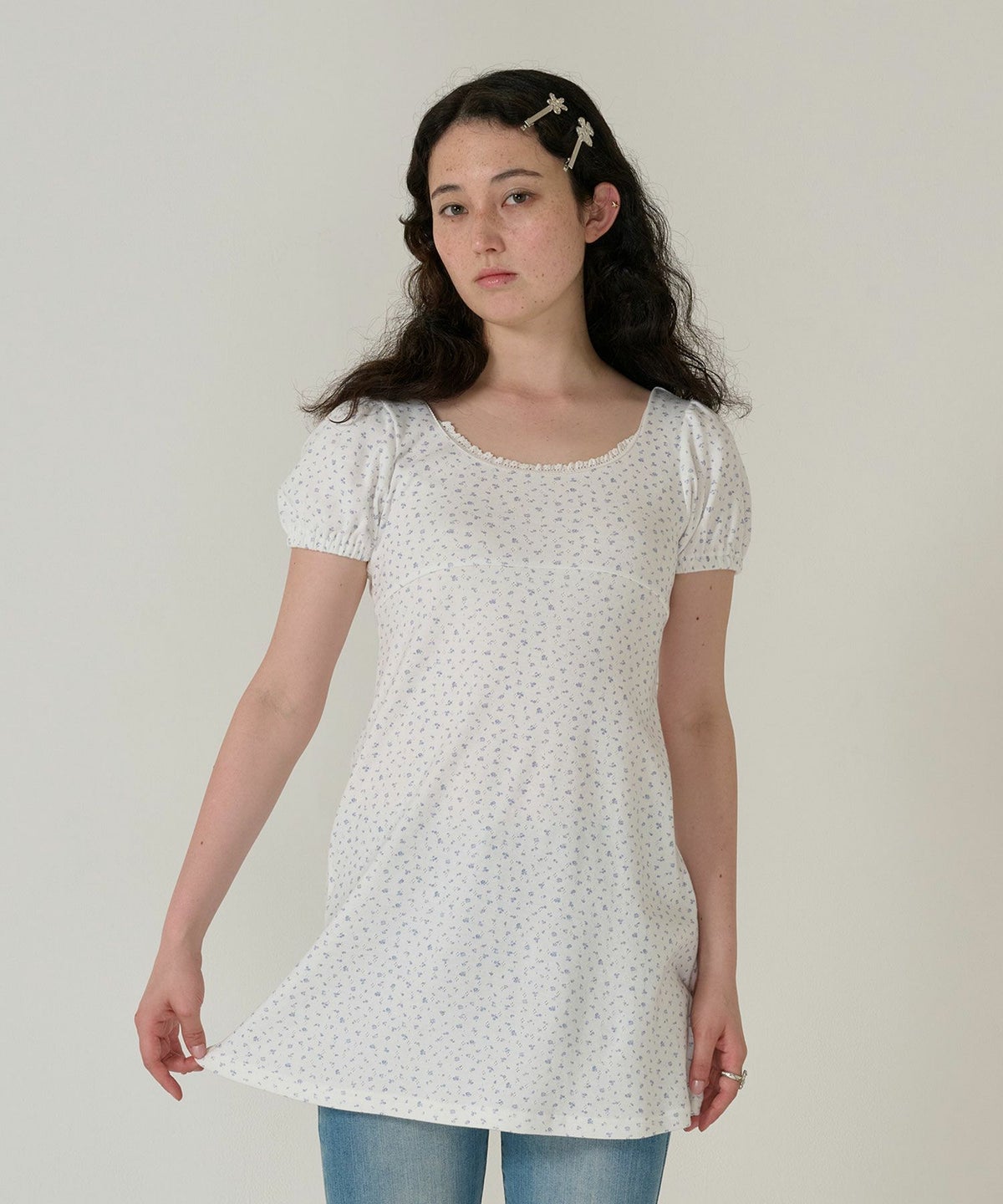 ワンピース/花柄/半袖/ホワイト