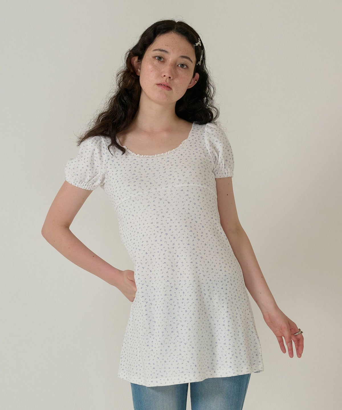 ワンピース/花柄/半袖/ホワイト