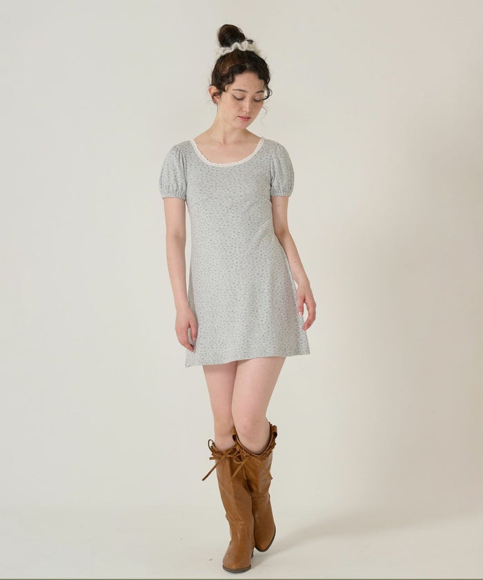 ワンピース/花柄/半袖/グレー