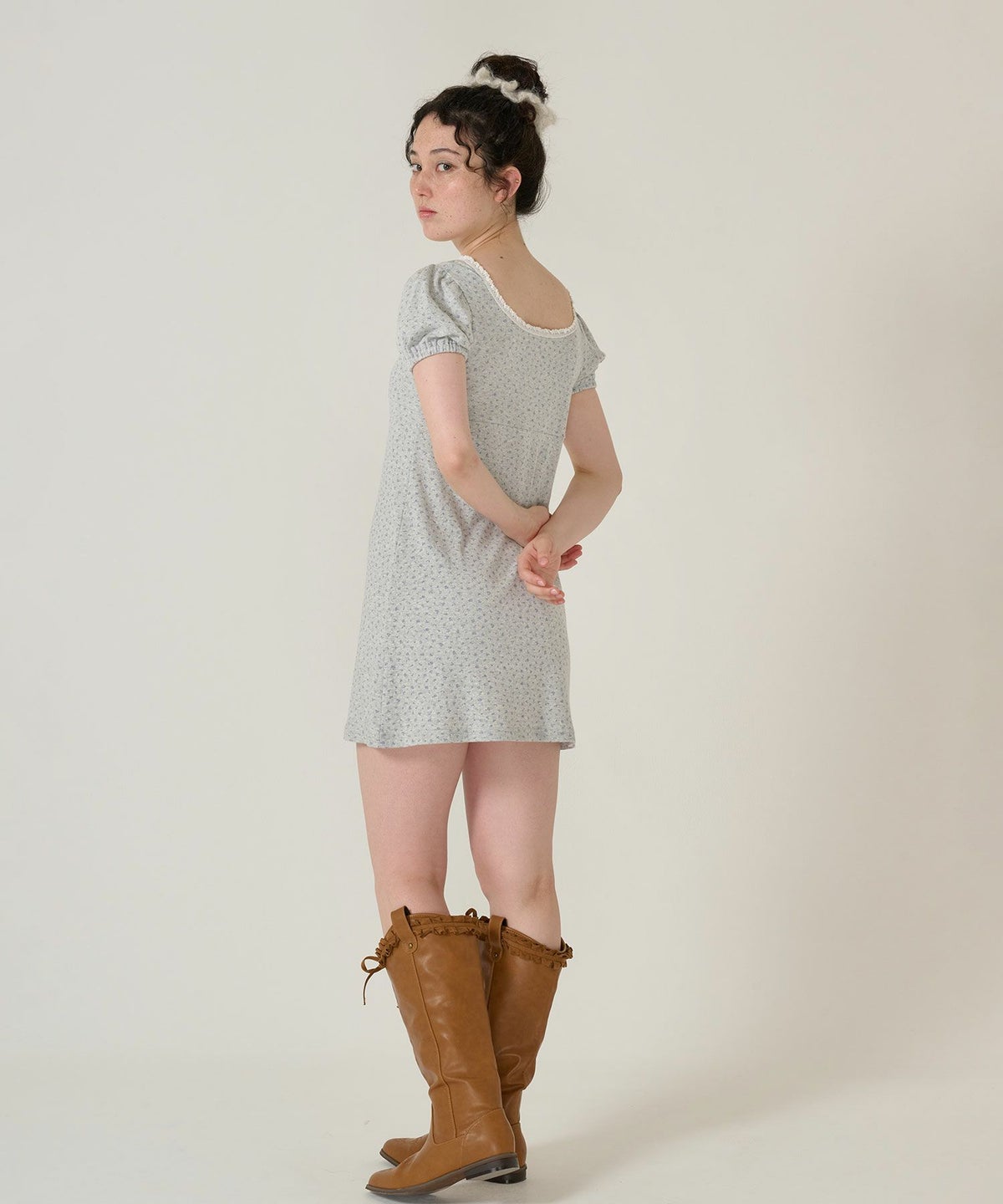 ワンピース/花柄/半袖/グレー