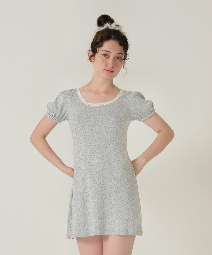 ワンピース/花柄/半袖/グレー