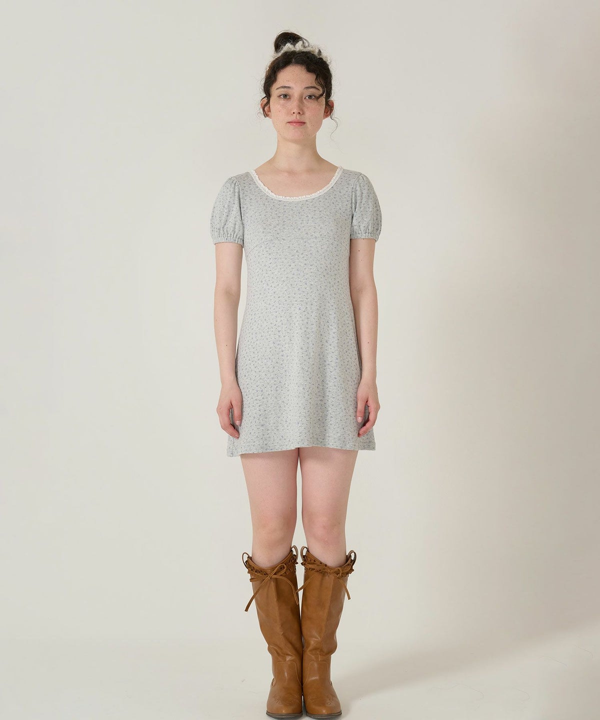 ワンピース/花柄/半袖/グレー