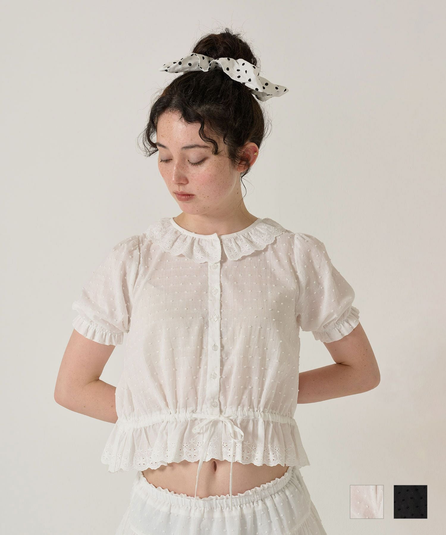 FINAL SALE ウエスト ドロスト半袖ブラウス TINA：JOJUN 全2色｜tnj821