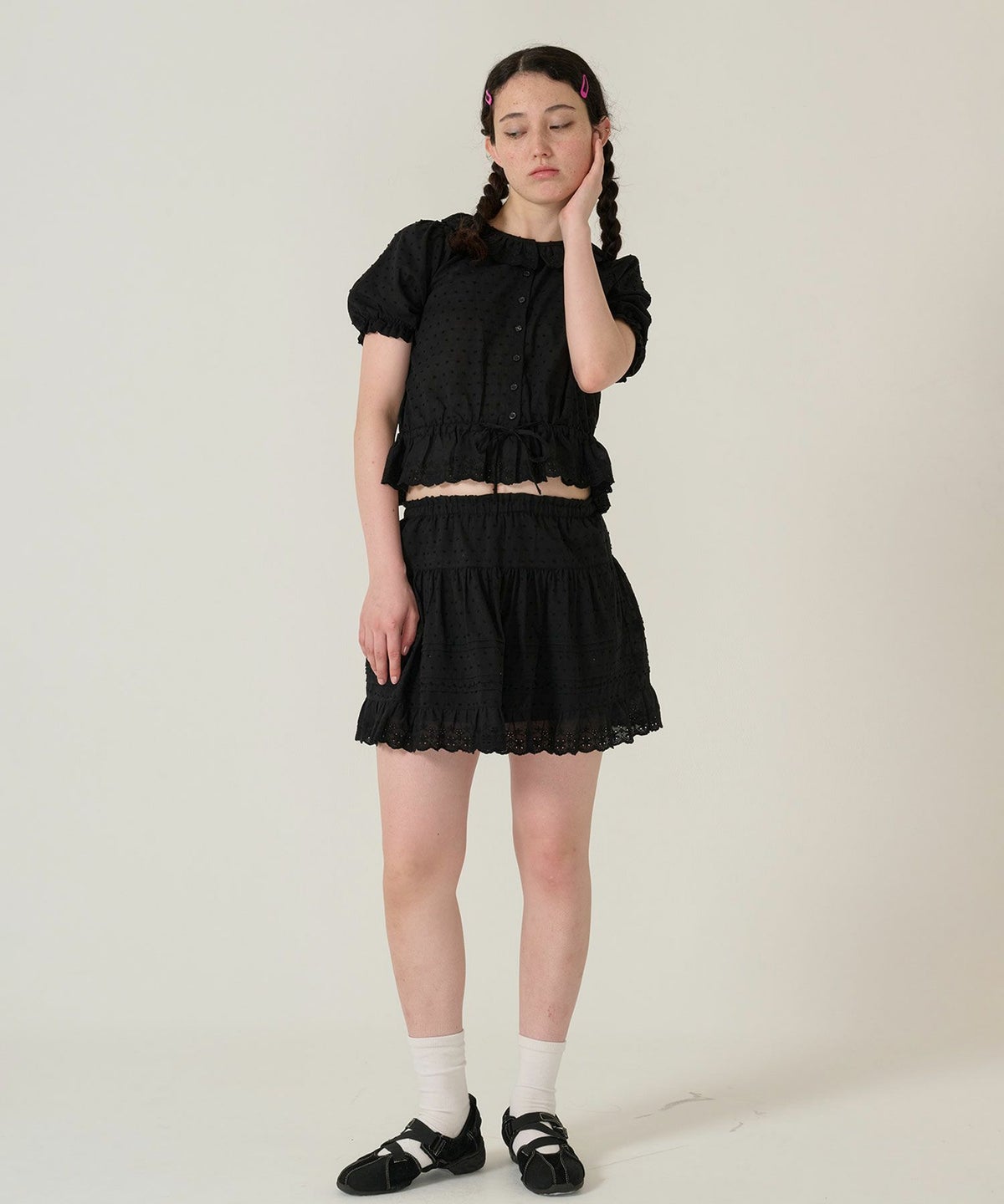 ブラウス/半袖/トップス/ブラック