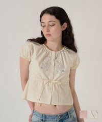 トップス/ブラウス/半袖/刺繍/クリーム