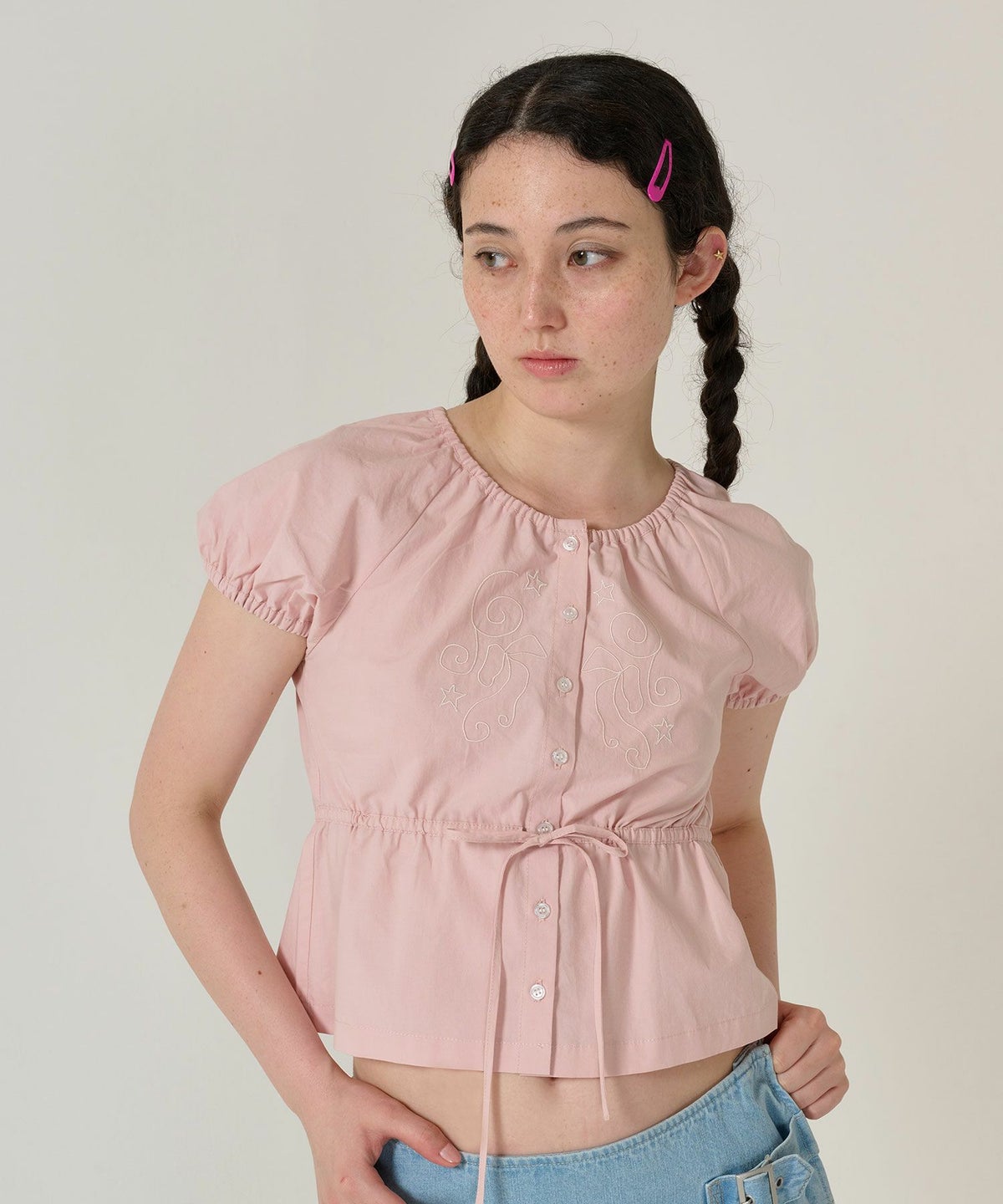 トップス/ブラウス/半袖/刺繍/ピンク