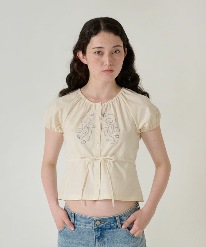 トップス/ブラウス/半袖/刺繍/クリーム