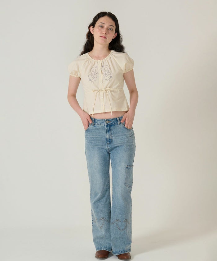 トップス/ブラウス/半袖/刺繍/クリーム