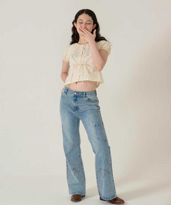 トップス/ブラウス/半袖/刺繍/クリーム