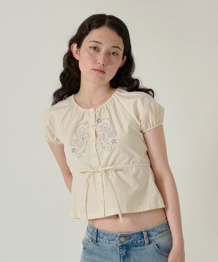 トップス/ブラウス/半袖/刺繍/クリーム