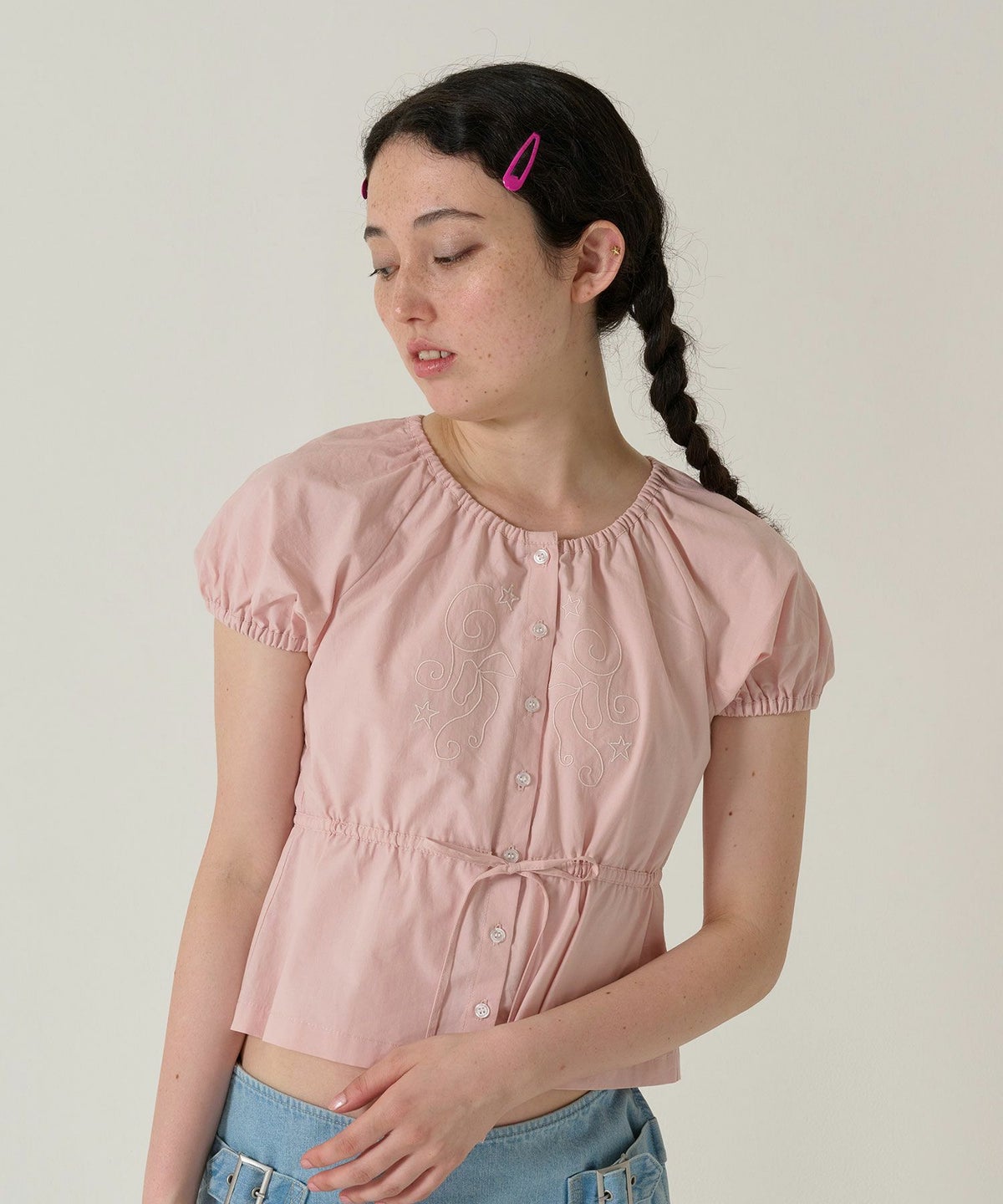 トップス/ブラウス/半袖/刺繍/ピンク