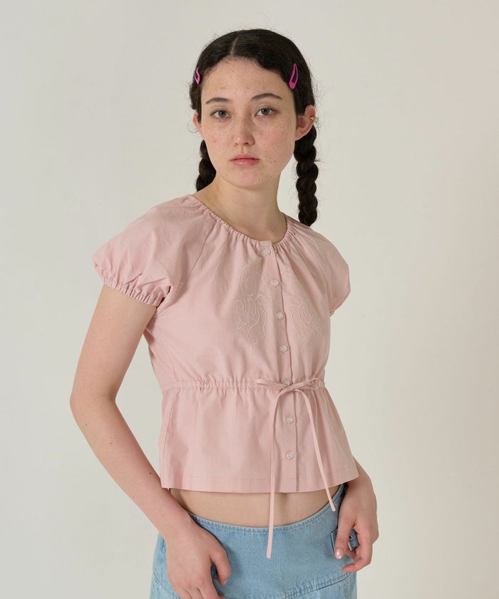 トップス/ブラウス/半袖/刺繍/ピンク