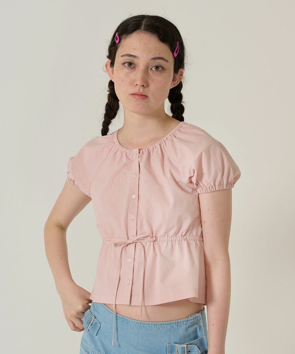 トップス/ブラウス/半袖/刺繍/ピンク