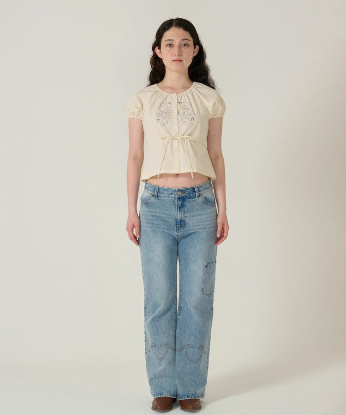 トップス/ブラウス/半袖/刺繍/クリーム