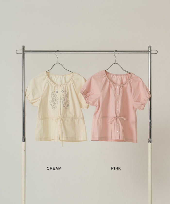 トップス/ブラウス/半袖/刺繍/クリーム/ピンク
