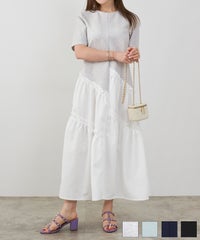 新色追加 手洗い可 ラウンドネック フレア ティアード おしゃれ 異素材切り替え 上品 大人可愛い きれいめ 体型カバー 半袖 夏 ジョイントスペース スラッシュ 切り替え カットソー ワンピース Liala×PG