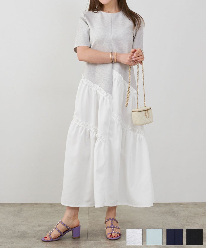 新色追加 手洗い可 ラウンドネック フレア ティアード おしゃれ 異素材切り替え 上品 大人可愛い きれいめ 体型カバー 半袖 夏 ジョイントスペース スラッシュ 切り替え カットソー ワンピース Liala×PG