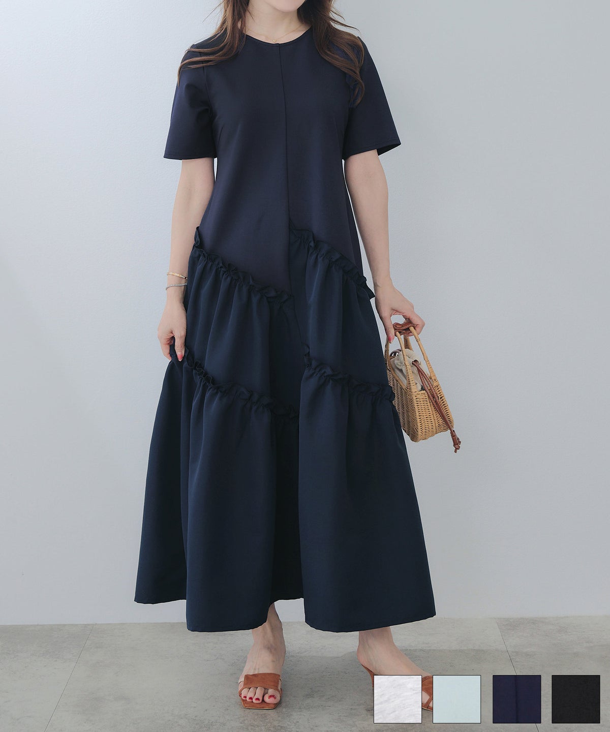 新色追加 手洗い可 ラウンドネック フレア ティアード おしゃれ 異素材切り替え 上品 大人可愛い きれいめ 体型カバー 半袖 夏 ジョイントスペース スラッシュ 切り替え カットソー ワンピース Liala×PG