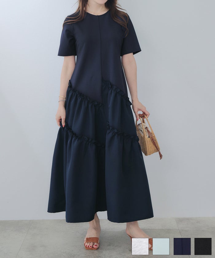 新色追加 手洗い可 ラウンドネック フレア ティアード おしゃれ 異素材切り替え 上品 大人可愛い きれいめ 体型カバー 半袖 夏 ジョイントスペース スラッシュ 切り替え カットソー ワンピース Liala×PG