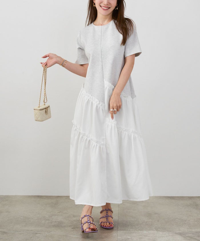 新色追加手洗い可ラウンドネックフレアティアードおしゃれ異素材切り替え上品大人可愛いきれいめ体型カバー半袖夏ジョイントスペース