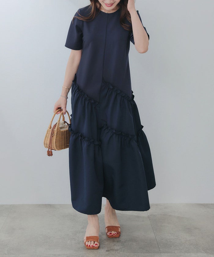 新色追加手洗い可ラウンドネックフレアティアードおしゃれ異素材切り替え上品大人可愛いきれいめ体型カバー半袖夏ジョイントスペース