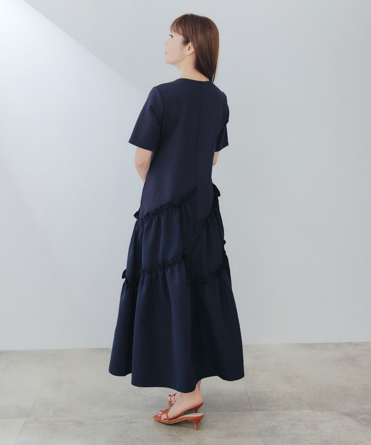 新色追加手洗い可ラウンドネックフレアティアードおしゃれ異素材切り替え上品大人可愛いきれいめ体型カバー半袖夏ジョイントスペース