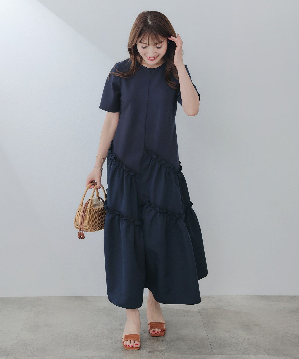 新色追加手洗い可ラウンドネックフレアティアードおしゃれ異素材切り替え上品大人可愛いきれいめ体型カバー半袖夏ジョイントスペース