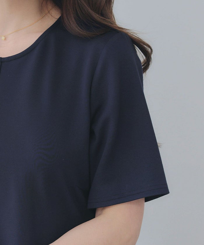 新色追加手洗い可ラウンドネックフレアティアードおしゃれ異素材切り替え上品大人可愛いきれいめ体型カバー半袖夏ジョイントスペース