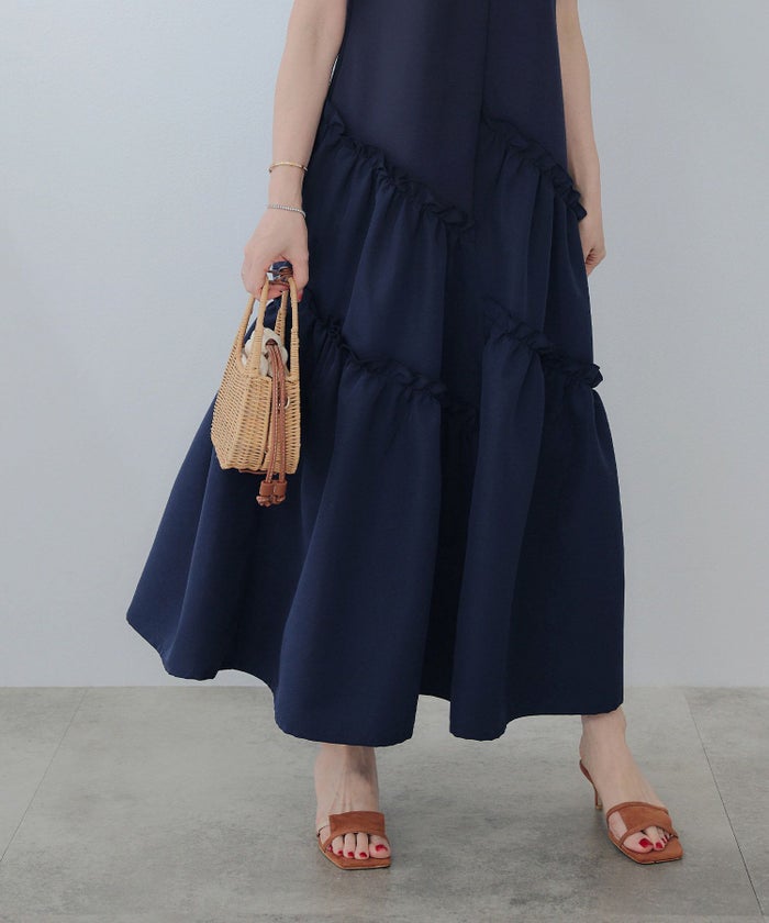 新色追加手洗い可ラウンドネックフレアティアードおしゃれ異素材切り替え上品大人可愛いきれいめ体型カバー半袖夏ジョイントスペース