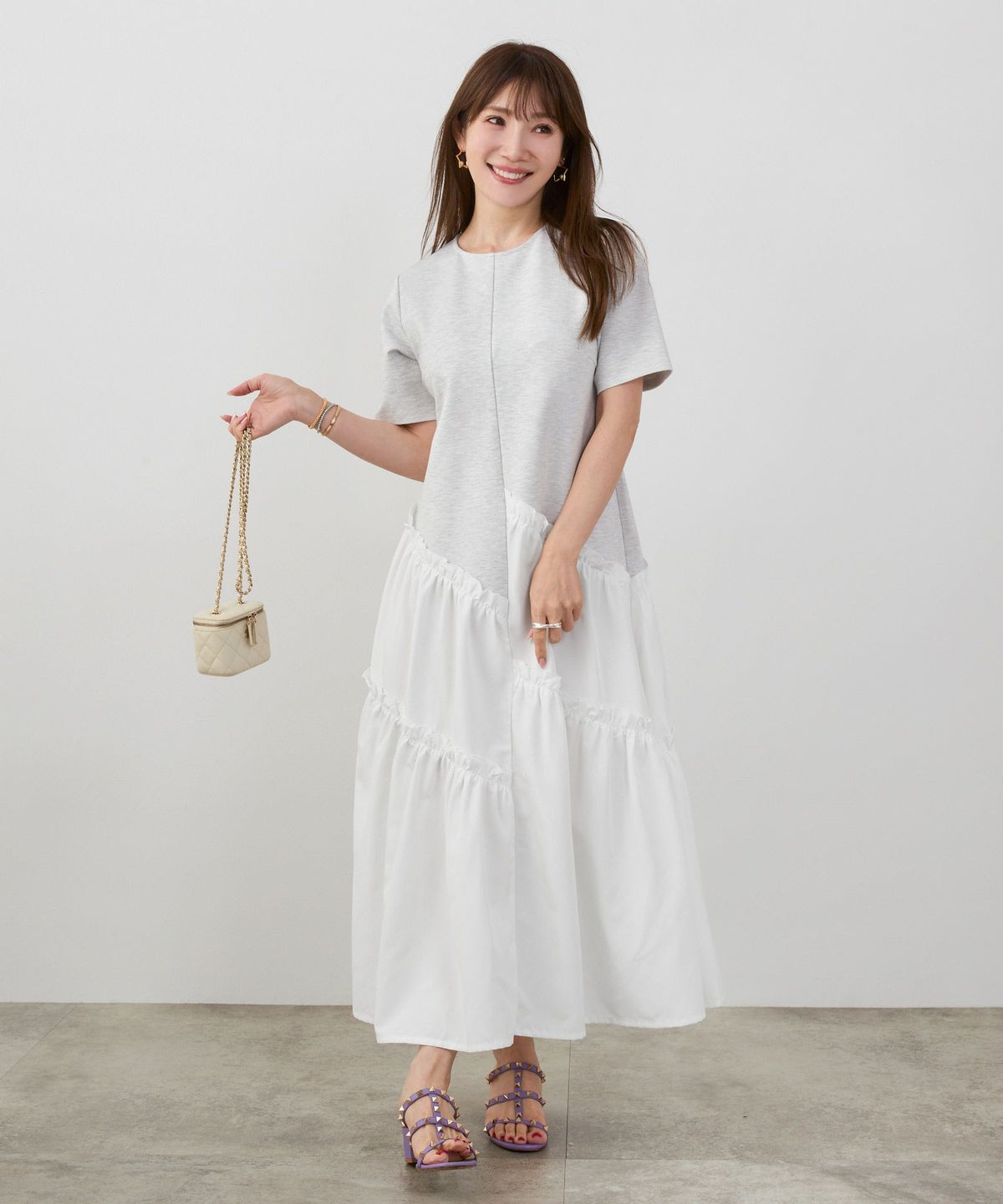 新色追加手洗い可ラウンドネックフレアティアードおしゃれ異素材切り替え上品大人可愛いきれいめ体型カバー半袖夏ジョイントスペース