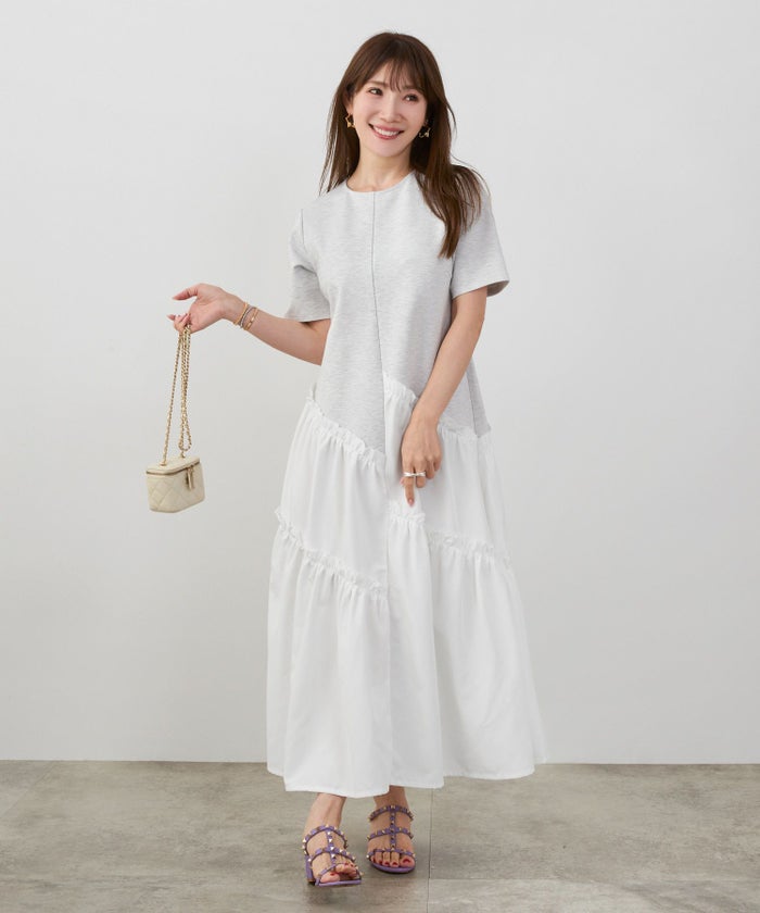 新色追加手洗い可ラウンドネックフレアティアードおしゃれ異素材切り替え上品大人可愛いきれいめ体型カバー半袖夏ジョイントスペース